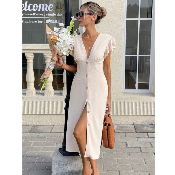 Beige Midi Dress V-Neck Ruffle Sleeve Button Through - Picture 5 of 9